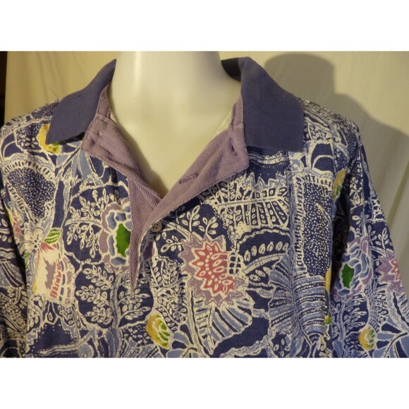 Cotton Traders Polo Style Cotton Shirt-Blue Leaf & Floral Design-sz L - Picture 2 of 4